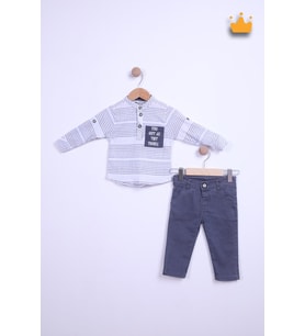 Babyhola Hakim Yaka Gömlek Kot Pantolon Erkek Bebek Çocuk Alt Üst Spor Takım Elbise 2143 (Füme)