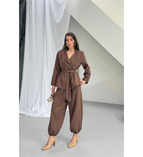 kadın kahverengi kuşak detaylı oversize şalvar pantolon blazer ceket takım NBNP023