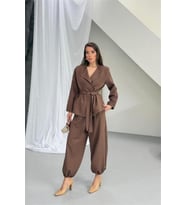 kadın kahverengi kuşak detaylı oversize şalvar pantolon blazer ceket takım NBNP023
