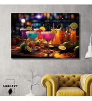 Tekli Yatay Kanvas Cafe Bar Tablosu Renkli Kokteyl Bardakları