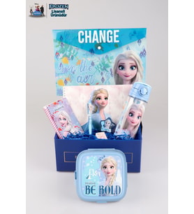 DEKOMUS LİSANSLI GIFT BOX ÖZEL KUTULU "ELSA'NIN MAVİ OKUL YOLCULUĞU" KIRTASİYE VE YEMEK SETİ