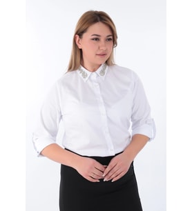 Kadın Yakası Taşlı Cotton Klasik Büyük Beden Ofis Gömlek - 44377