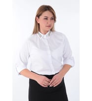 Kadın Yakası Taşlı Cotton Klasik Büyük Beden Ofis Gömlek - 44377