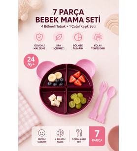 7 Parça Tepsili Yemek Seti Mama Tabağı Pembe 6015