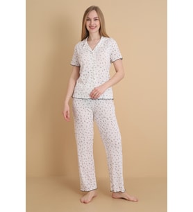 Mirano 1714 Çiçekli Pointel İnce Kumaş Düğmeli Kısa Kollu Kadın Pijama Takımı