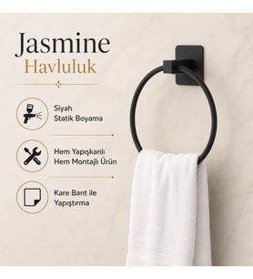 Siyah Kare Yuvarlak Havluluk, Yapışkanlı ve Vidalı Montajlı Duvara Monte Halka Havlu Askısı, Mat Siyah Banyo Aksesuarı