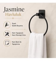 Siyah Kare Yuvarlak Havluluk, Yapışkanlı ve Vidalı Montajlı Duvara Monte Halka Havlu Askısı, Mat Siyah Banyo Aksesuarı