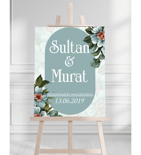 Söz Nişan Düğün İçin 50x70 Karşılama Panosu - Turkuaz Çiçek Tasarımlı