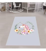 Unicorn Desenli Çiçekli Yapraklı Dijital Baskı Yıkanabilir Kaymaz Taban Çocuk ve Bebek Odası Halısı (Mavi)