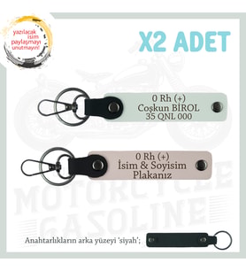 Motor Tutkunlarına Özel, İsim Plaka ve 0 Rh (+) Kan Grubu Yazılı Deri x2 Anahtarlık, Pudra-Beyaz-Syh