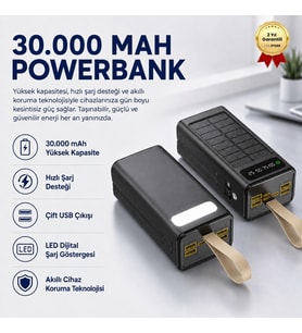 30,000 mAh Ultra Güçlü Taşınabilir Powerbank Hızlı Şarj Dahili Kablolu LED Gösterge Akıllı Cihaz Koruma