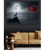 Dolunayda Türk Bayrağı Ve Kurt Dekoratif Kanvas - Mdf Ahşap Tablo