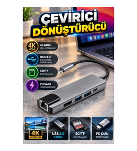 MacBook Uyumlu Alüminyum USB-C Çoklu Hub – 4K HDMI, USB 3.0, SD/TF Kart Okuyucu ve PD Şarj
