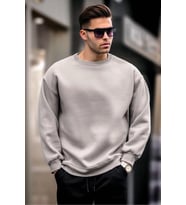 Erkek Düz Bisiklet Yaka 3 iplik Sweatshirt - Boyalı Gri