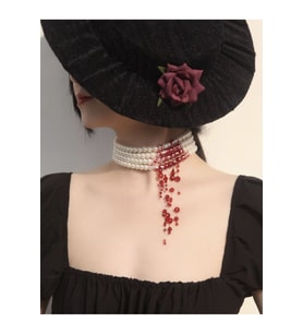 Kadın İnci Choker Kolye Bordo Kırmızı Boncuklu Tasma Kolye Halloween Gotik Kanlı Kolye
