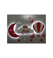 Çocuk Odası Ahşap Ay, Bulut ve Balon Temalı LED Gece Lambası (Krem)
