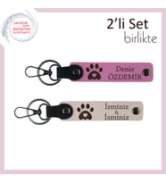 Köpek Sahibi Eşe Uygun Hediyelik, Kalpli Pati Motifli Kişisel Anahtarlık Takımı, Pembe-Pudra