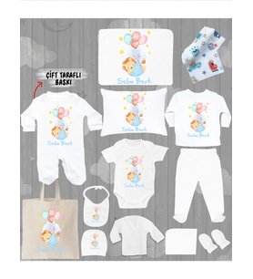 Minito Baby İsme Özel 13'lu Pamuklu Erkek Bebek Hastane Çıkışı Seti_MT_289-13 (Krem)
