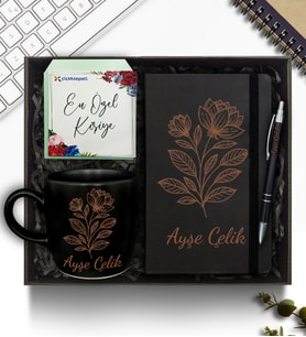 Kişiye Özel Defter & Kupa & Plastik Kalem & Hediye Seti (Siyah)