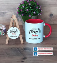 Türkçe Öğretmeni Kupa Bardak Kırmızı ve Ahşap Anahtarlık Hediye Öğretmenler Günü Hediyesi (Model 1)