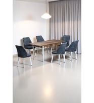 Sera Ceviz 80 x 132 Açılabilen MDF Masa Beyaz Metal Ayaklı Mutfak Masası 6 Kot Füme Sandalye