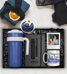 Öğretmenler Gününe Kişiye Özel 700 ML Dereceli Kulplu Çelik Termos & Tasarım Kupa & Kişiye Özel Defter & Deri Kılıflı Touch Pen Kalem & Çerçeve Hediye Seti