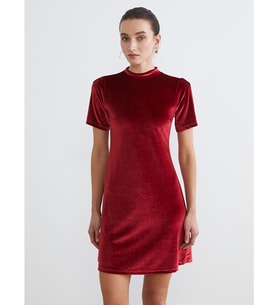 LCW Comfort Bordo Dik Yaka A Kesim Kadife Mini Elbise