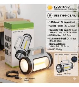 El Feneri Uzun Menzilli Solar Panelli Ultra Güçlü Ledli Şarjlı Fener Güneş Enerjili Fener