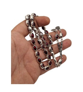 Kırmızı Mineli Gümüş Benzetme Metal Tesbih