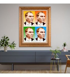 Altın Varaklı Çerçeveli Paspartulu Atatürk Tablo TR1398 (Gold)