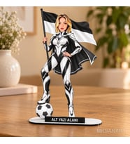 Kişiye Özel Siyah Beyaz Kadın Süper Karikatürlü 18 cm MDF Masaüstü Biblo - Futbol Temalı Hediye Futbol Severlere ve Spor Tutkunlarına Hediye