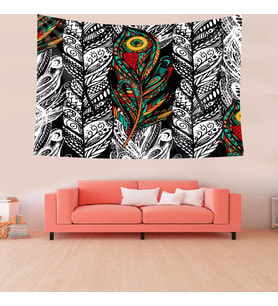 Dream Catcher Kuş Tüylü Bohem Desen Leke Tutmaz Kadife Doku Kumaş Duvar Örtüsü Duvar Halısı Tapestry (Yeşil-Siyah)