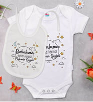 BK Kids Bırkalama Tasarımlı Beyaz Bebek Body Zıbın ve Mama Önlüğü Hediye Seti-1