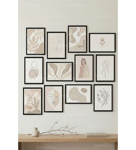 12 Parça Modern Abstract Line Art 2 Renk Seçenekli Çerçeve Görünümlü Tablo Seti