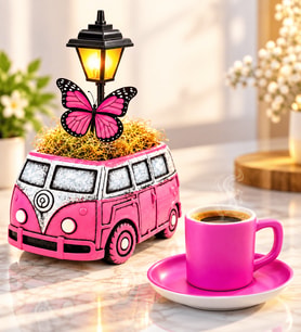 Seramik Pembe Kahve Fincanı ve Pembe Vosvos Minibüs Masa Lambası Hediye Seti