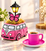 Seramik Pembe Kahve Fincanı ve Pembe Vosvos Minibüs Masa Lambası Hediye Seti