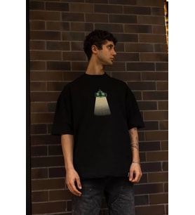 Unisex Bisiklet Yaka Baskılı Oversize T-Shirt - Siyah