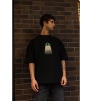 Unisex Bisiklet Yaka Baskılı Oversize T-Shirt - Siyah