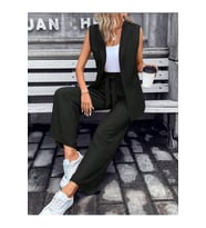 Kadın Kolsuz önü Açık Yakalı Cepli Janjan Krep Yelek Ve Pantolon Ikili Takım