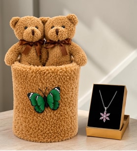 Peluş Saksıda Peluş Ayıcık Buketi ve Gerçek Pembe Ametist Taşlı Lotus Kolye Kadına Sevgiliye Hediye