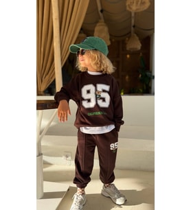 California 95 Baskılı Nakışlı Kahverengi Erkek Çocuk Sweatshirt ve Eşofman Altı 3 İplik Alt Üst Takım
