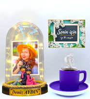 Renkli Türk Kahvesi Fincanı ve Led Işıklı Fotoğraflı Yazılı Fanus Hediye Seti - Mor Fincanlı (Model 7)