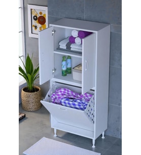 Eliusta Miretta Üst Bölme Kapaklı Altı Kirli Sepetli Dolap 60 cm Genişlik Beyaz 60x138x32,5 cm Dolap
