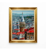 Tablore Galata Kulesi Ve İstanbul Manzaralı Altın Çerçeveli Yağlı Boya Dokulu Duvar Tablosu