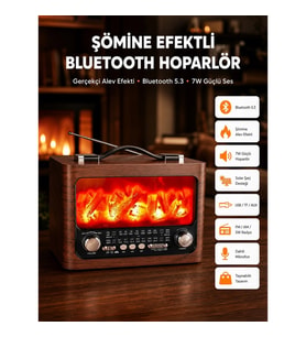 Mey İthalat® Solar Şarjlı Şömine Işıklı Bluetooth Hoparlör – Radyo, USB, TF Kart Destekli