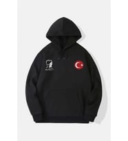 10 Kasıma Özel Üç İplik Kapşonlu Baskılı SweatShirt - Siyah