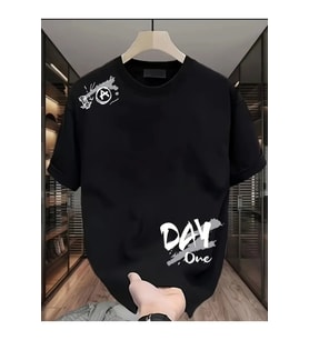 Baskılı Oversize Bisiklet Yaka T-shirt - Siyah