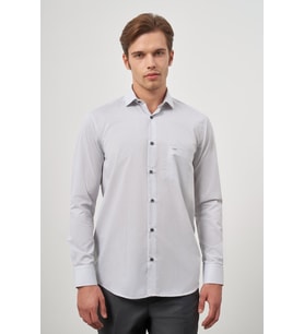 Gri Uzun Kol Desen Yarım İtalyan Cepli Pamuklu Classic Comfort Fit Gömlek 1004245174