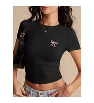 Kadın Crop Baby Tee Fiyonk Baskılı Dar Kesim Y2K Estetik %100 Pamuk Basic Tişört