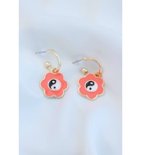 Neon Turuncu Mineli Ying Yang Çiçek Küpe